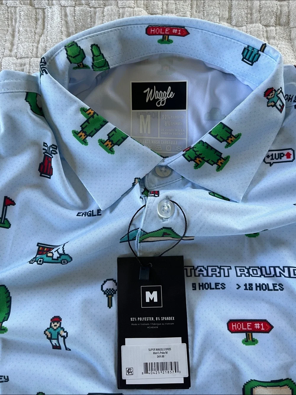 Waggle Golf Men's Light Blue Golf Print Polo Shirt - Picture 3 of 4